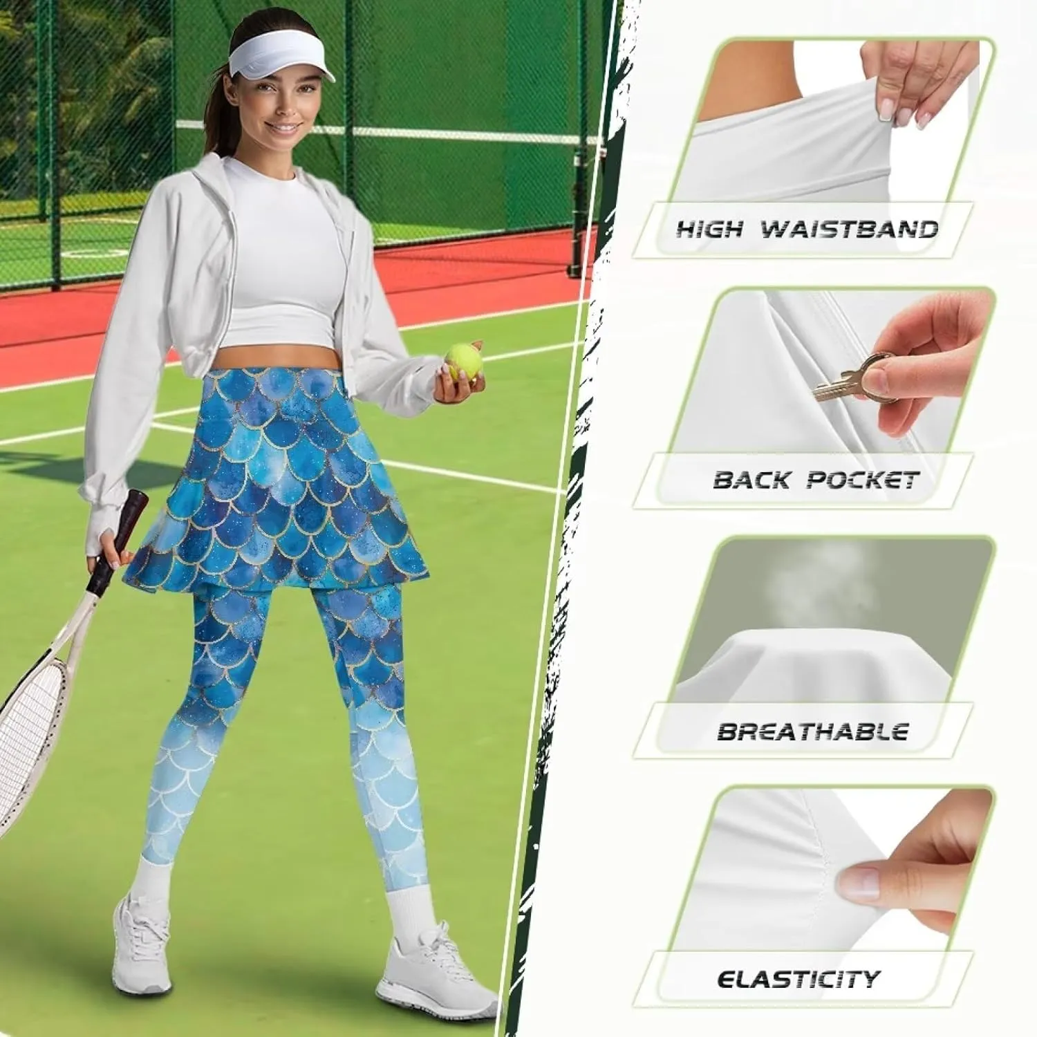 Womens Active Skirted Leggings Ruffle Pleated Tennis Skirts High Waisted Skorts Leggings with Pockets Size XS-3XL