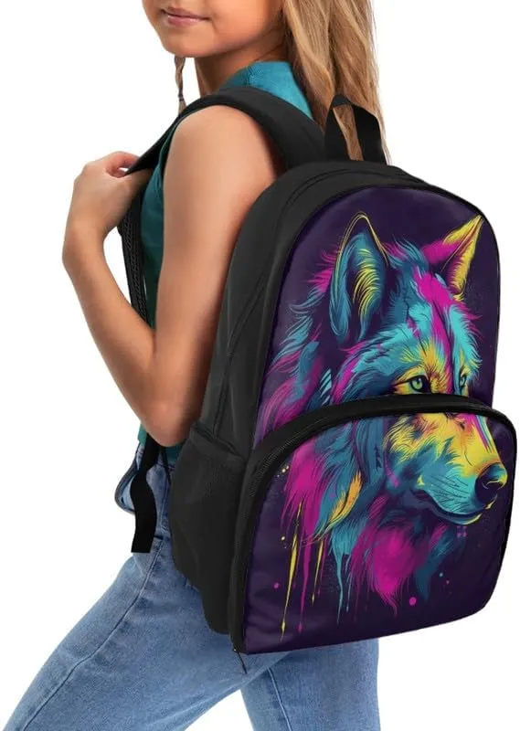 Womens Animal Wolf Print Travel Backpack Cartoon Watercolor Wolves Painting Casual Daypack for Weekender Business Hiking Meal Prep Lunch Backpack, Purple