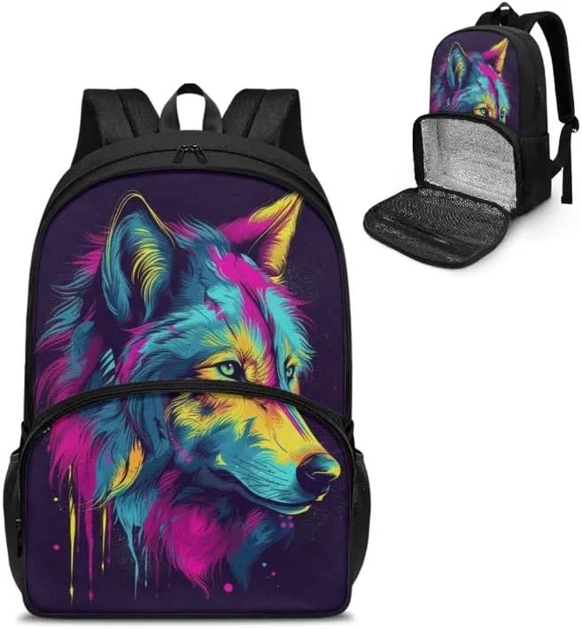 Womens Animal Wolf Print Travel Backpack Cartoon Watercolor Wolves Painting Casual Daypack for Weekender Business Hiking Meal Prep Lunch Backpack, Purple