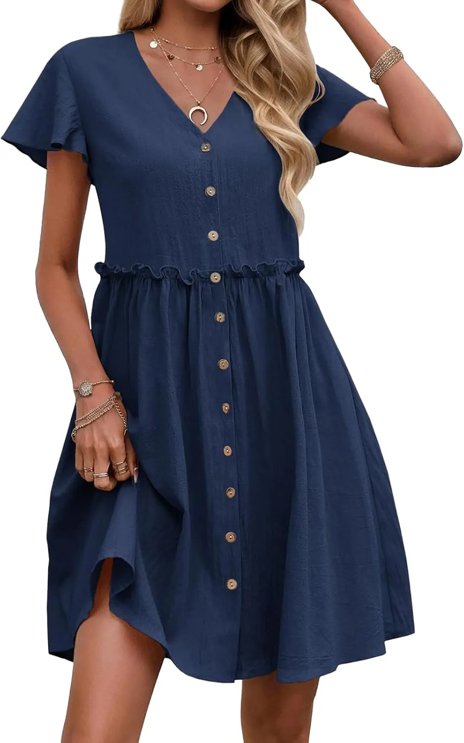 Womens Boho Dresses Ruffle Short Sleeve V Neck Mini Dresses Casual Button Up A Line Dress 2025 Summer Beach Dress