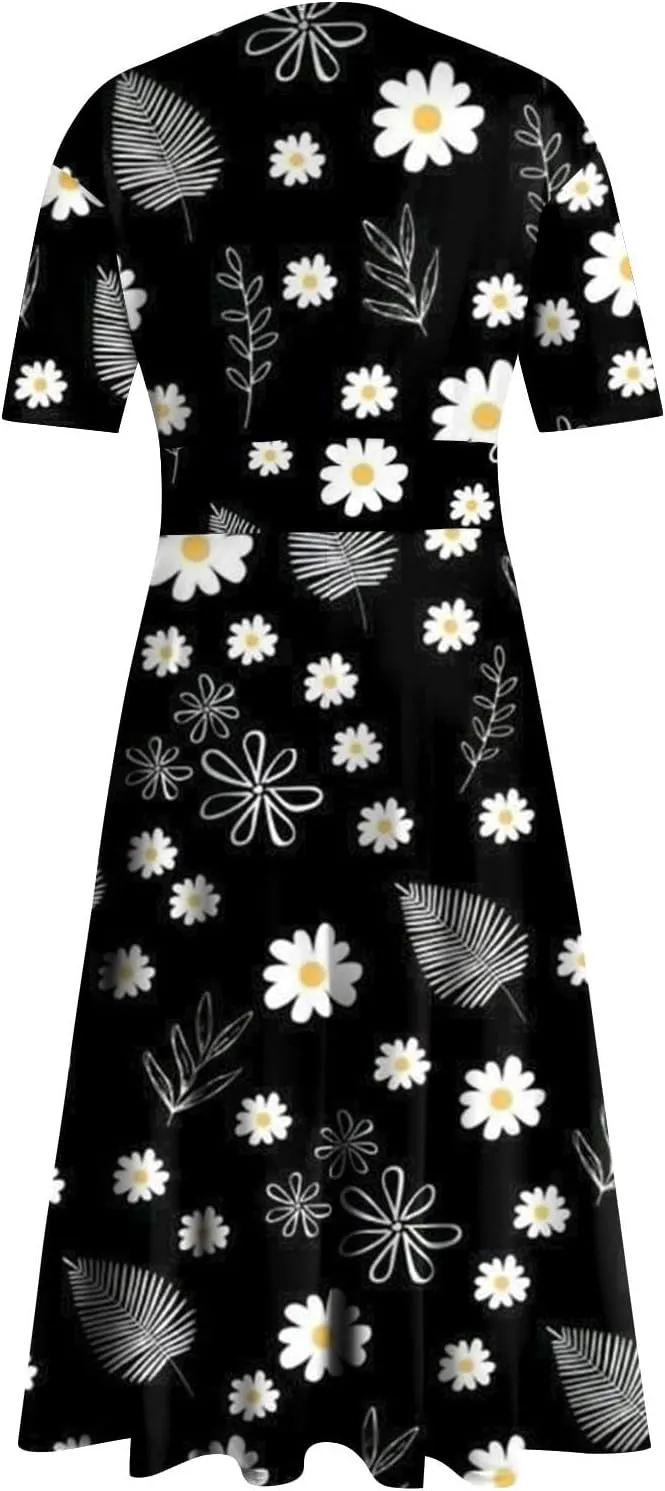 Womens Boho Dresses Short Sleeve V Neck Casual Dresses Elegant Long Flowy Dresses for Women Summer Shirt Dresses