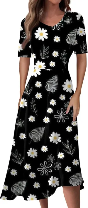Womens Boho Dresses Short Sleeve V Neck Casual Dresses Elegant Long Flowy Dresses for Women Summer Shirt Dresses