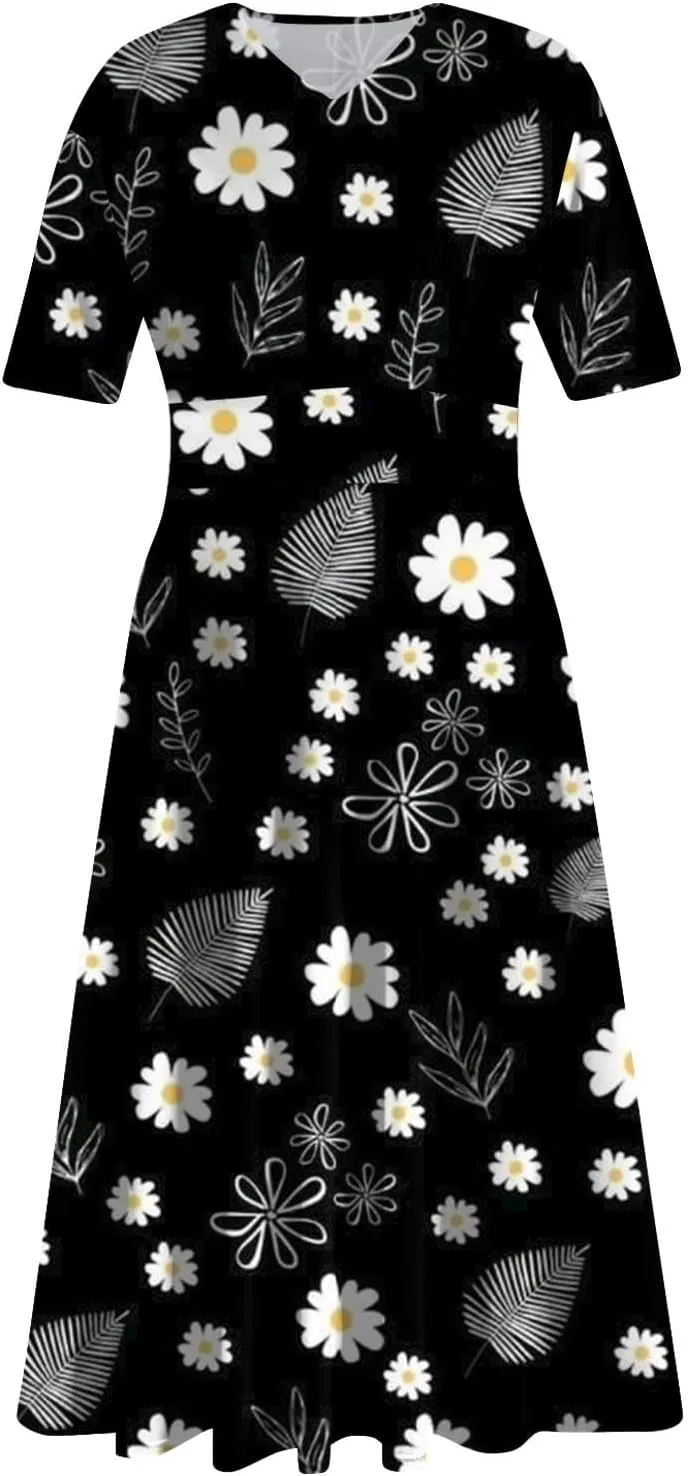 Womens Boho Dresses Short Sleeve V Neck Casual Dresses Elegant Long Flowy Dresses for Women Summer Shirt Dresses