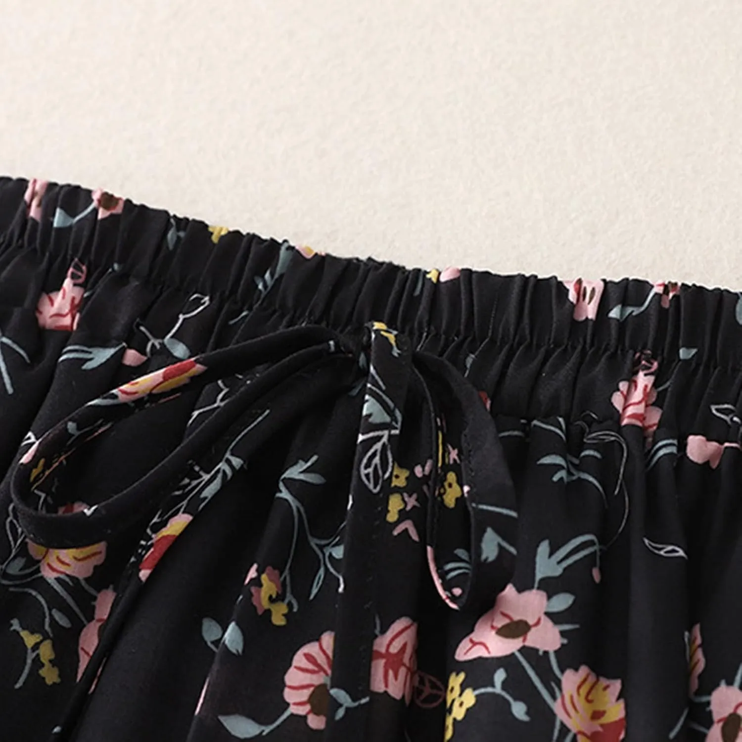 Women's Boho Floral Skirts Casual Soft Drawstring Elastic High Waisted Skirt Trendy Pleated Midi Skirts with Pockets
