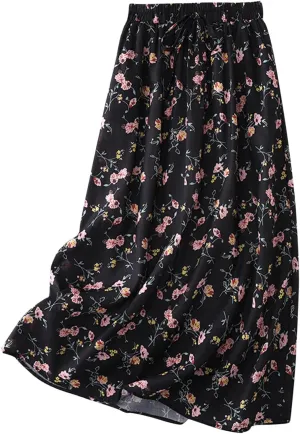 Women's Boho Floral Skirts Casual Soft Drawstring Elastic High Waisted Skirt Trendy Pleated Midi Skirts with Pockets