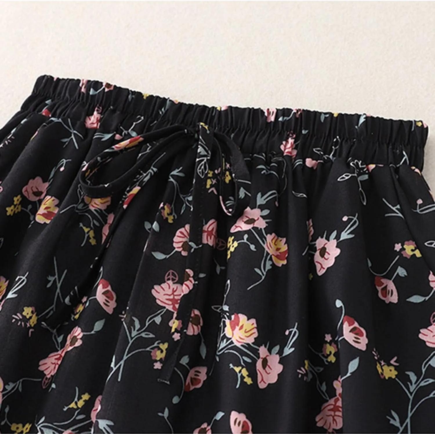 Women's Boho Floral Skirts Casual Soft Drawstring Elastic High Waisted Skirt Trendy Pleated Midi Skirts with Pockets