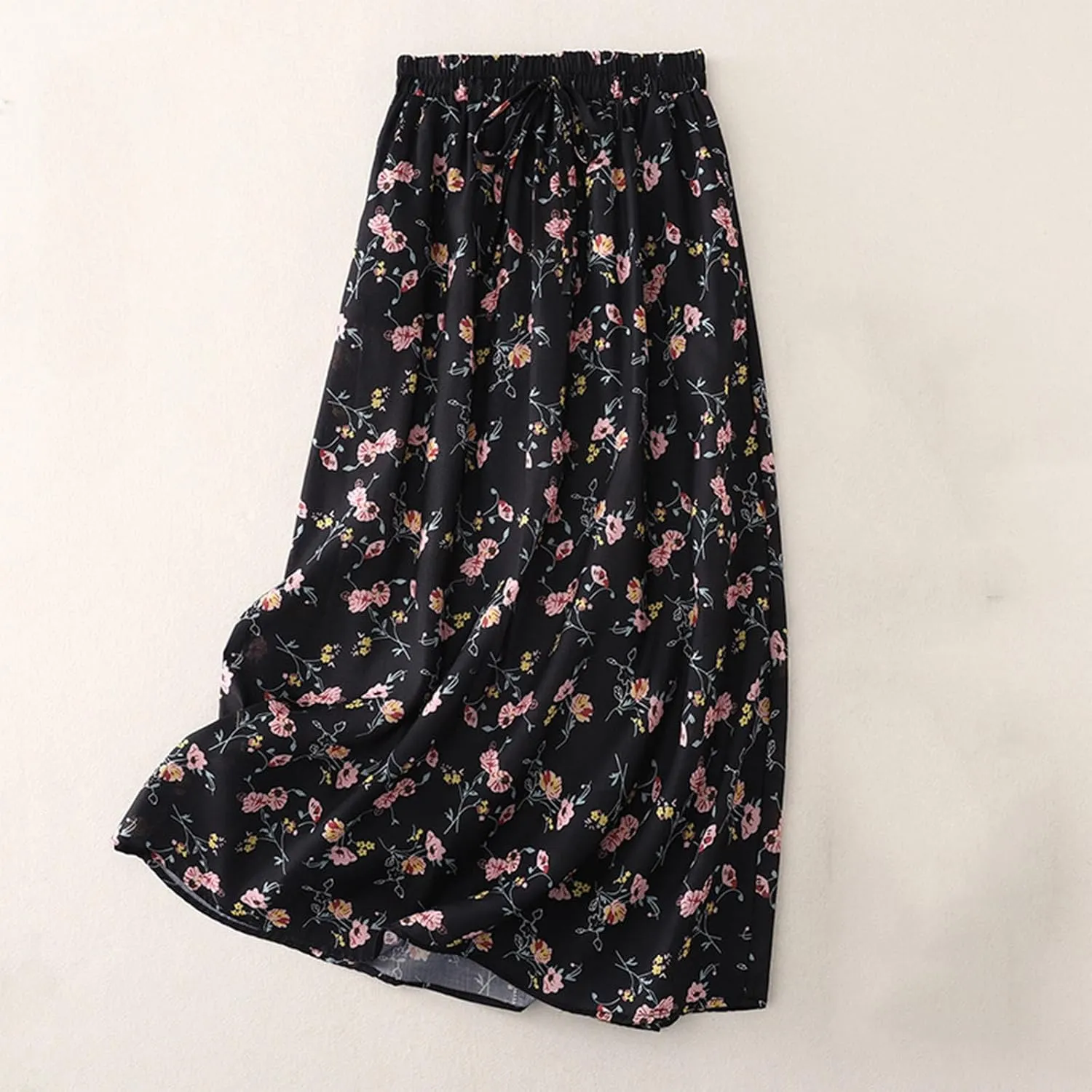 Women's Boho Floral Skirts Casual Soft Drawstring Elastic High Waisted Skirt Trendy Pleated Midi Skirts with Pockets