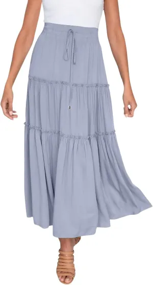 Womens Boho Long Skirts Summer Casual Elastic High Waisted A-Line Maxi Skirt Flowy Swing Ruffle Hem Holiday Skirt