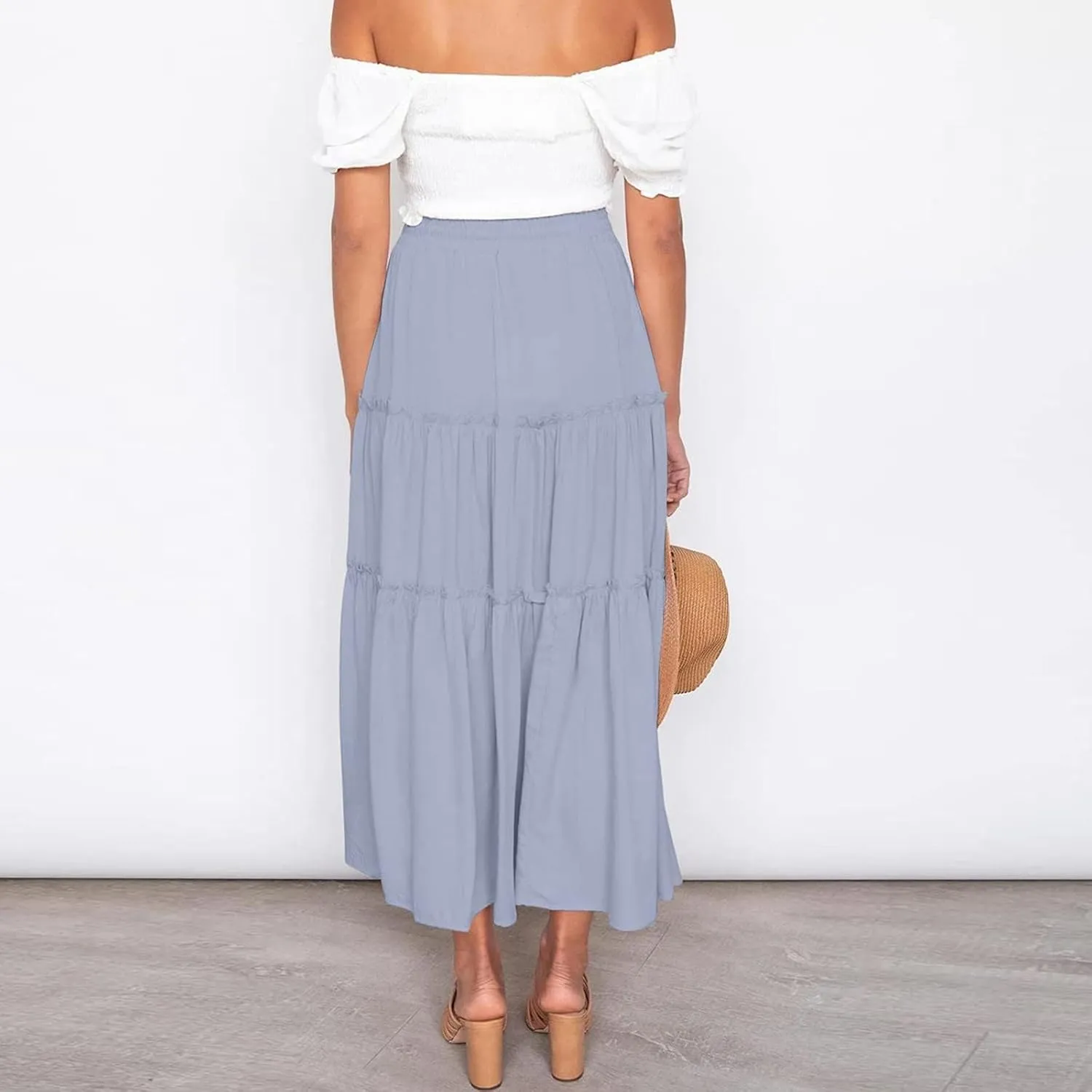 Womens Boho Long Skirts Summer Casual Elastic High Waisted A-Line Maxi Skirt Flowy Swing Ruffle Hem Holiday Skirt