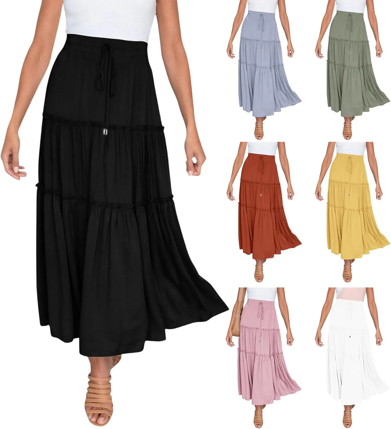 Womens Boho Long Skirts Summer Casual Elastic High Waisted A-Line Maxi Skirt Flowy Swing Ruffle Hem Holiday Skirt