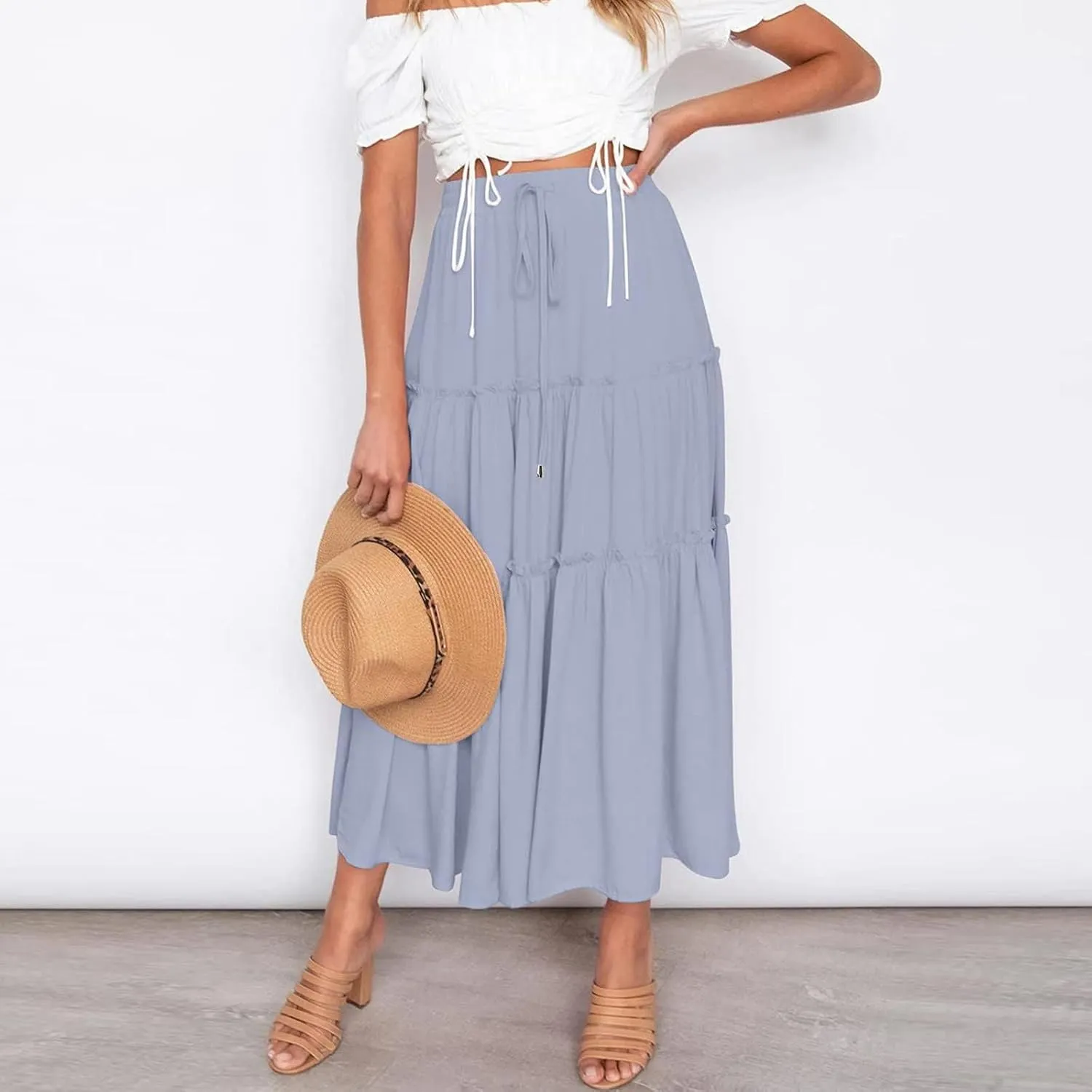 Womens Boho Long Skirts Summer Casual Elastic High Waisted A-Line Maxi Skirt Flowy Swing Ruffle Hem Holiday Skirt