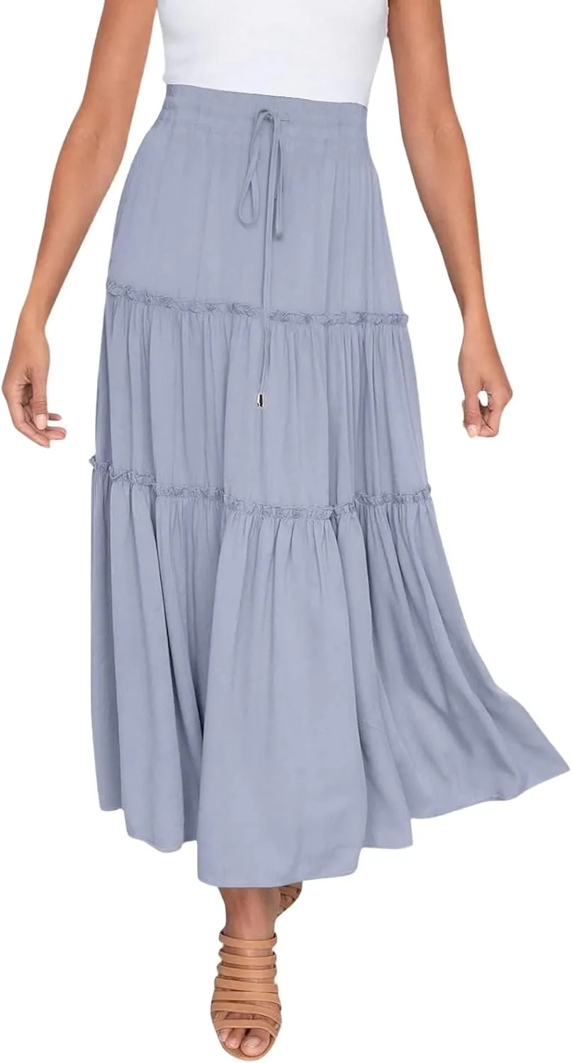 Womens Boho Long Skirts Summer Casual Elastic High Waisted A-Line Maxi Skirt Flowy Swing Ruffle Hem Holiday Skirt