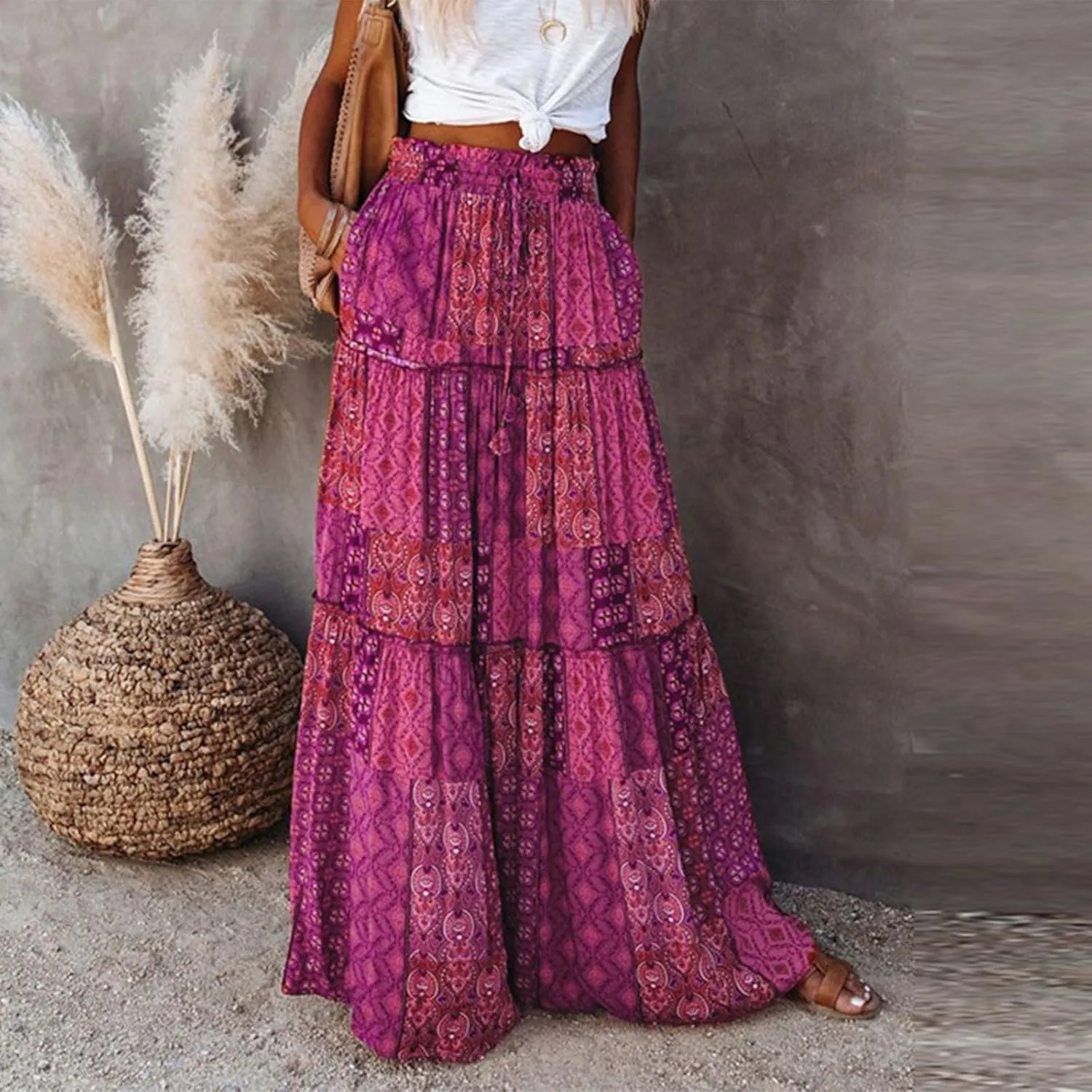 Women's Boho Maxi Skirts Floral Printed Summer Pleated Flowy A-Line Skirt High Waist Casual Long Skirts with Pockets