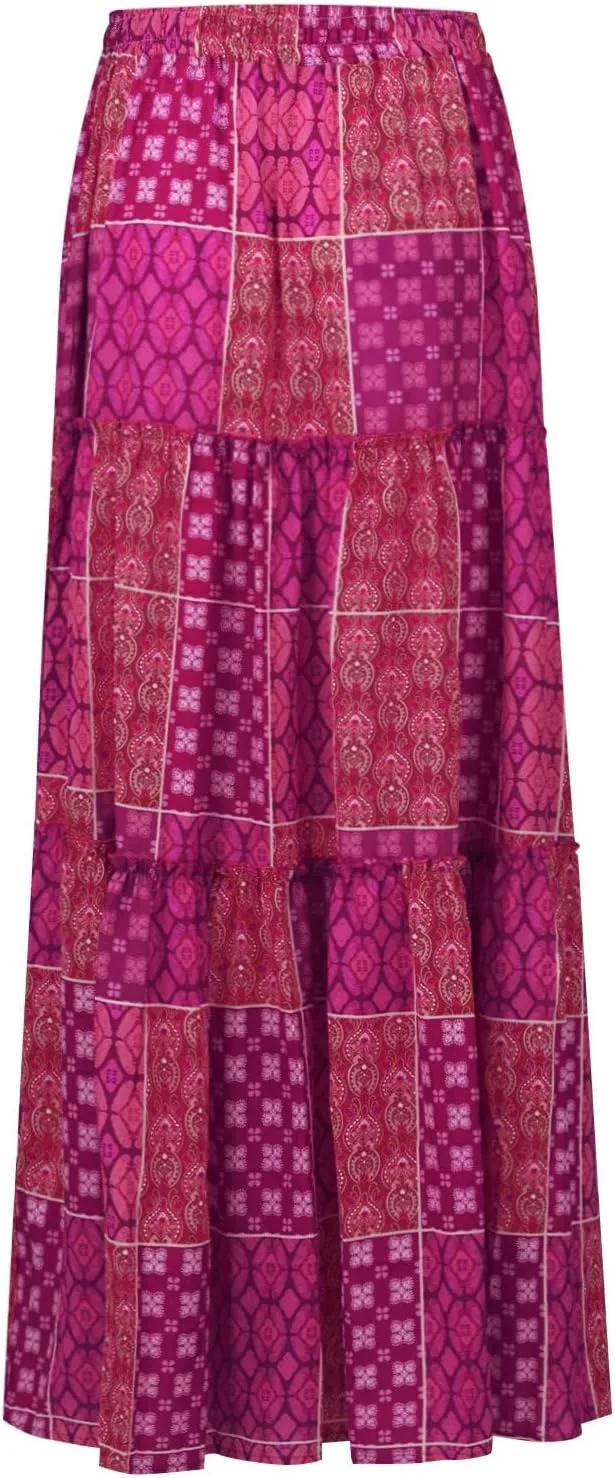 Women's Boho Maxi Skirts Floral Printed Summer Pleated Flowy A-Line Skirt High Waist Casual Long Skirts with Pockets