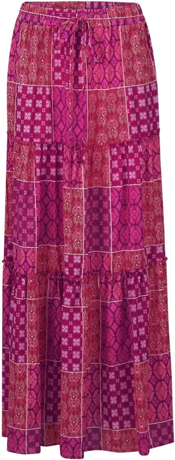 Women's Boho Maxi Skirts Floral Printed Summer Pleated Flowy A-Line Skirt High Waist Casual Long Skirts with Pockets