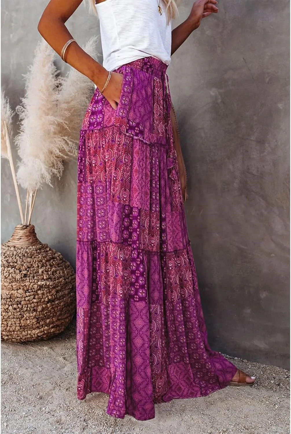 Women's Boho Maxi Skirts Floral Printed Summer Pleated Flowy A-Line Skirt High Waist Casual Long Skirts with Pockets