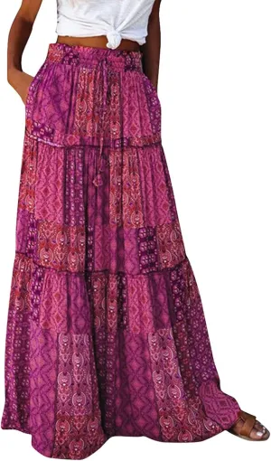 Women's Boho Maxi Skirts Floral Printed Summer Pleated Flowy A-Line Skirt High Waist Casual Long Skirts with Pockets