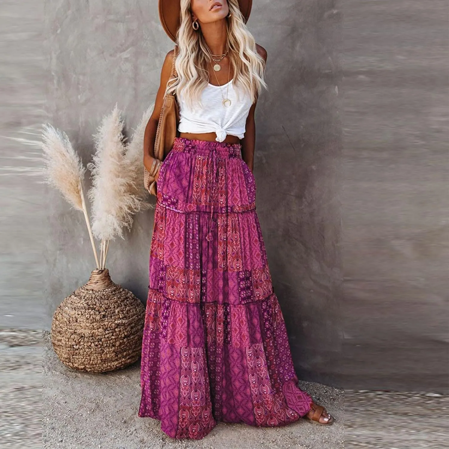 Women's Boho Maxi Skirts Floral Printed Summer Pleated Flowy A-Line Skirt High Waist Casual Long Skirts with Pockets
