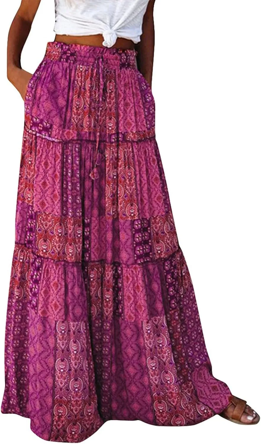 Women's Boho Maxi Skirts Floral Printed Summer Pleated Flowy A-Line Skirt High Waist Casual Long Skirts with Pockets