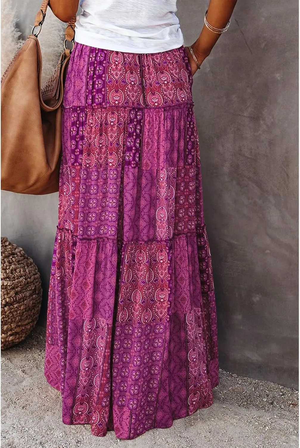 Women's Boho Maxi Skirts Floral Printed Summer Pleated Flowy A-Line Skirt High Waist Casual Long Skirts with Pockets