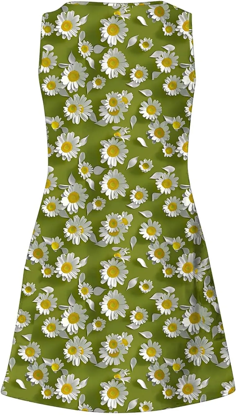 Women's Casual Boho Tank Dress Summer Beach Sundress Vintage Floral Printed A-Line Dresses Elegant Midi Sundresses