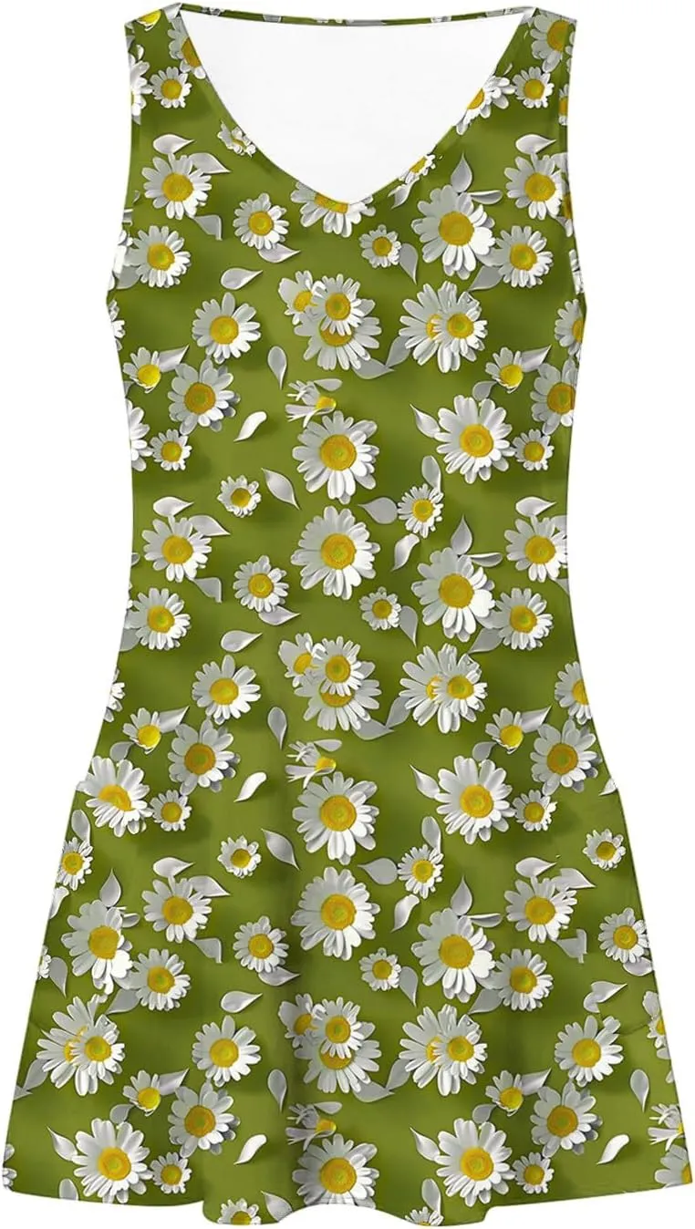 Women's Casual Boho Tank Dress Summer Beach Sundress Vintage Floral Printed A-Line Dresses Elegant Midi Sundresses