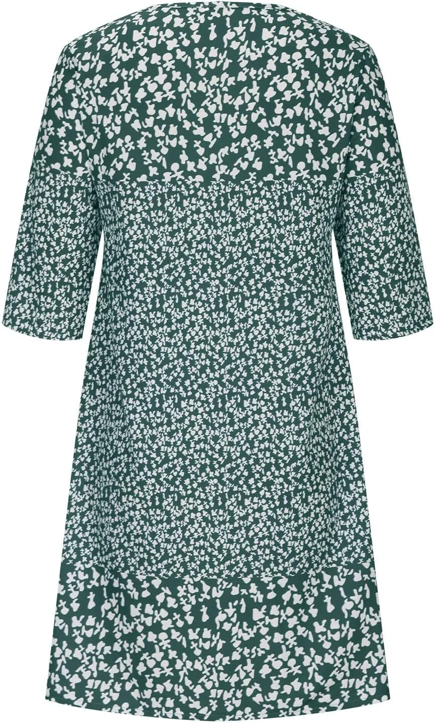 Womens Casual Dress Fashion Summer 3/4 Sleeve T-Shirt Dresses Plus Size V-Neck Loose Flowy Floral Beach Sundress