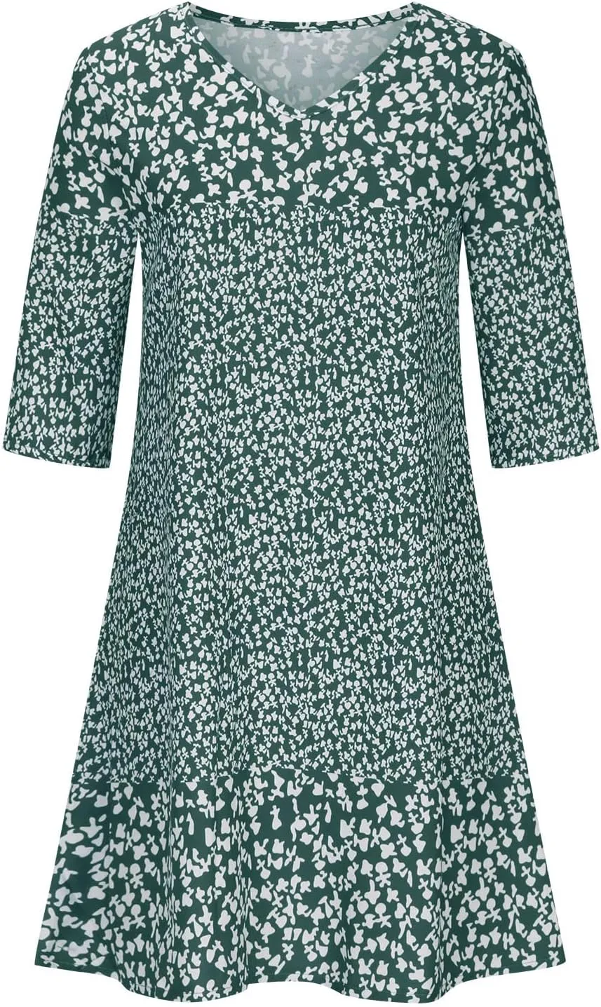 Womens Casual Dress Fashion Summer 3/4 Sleeve T-Shirt Dresses Plus Size V-Neck Loose Flowy Floral Beach Sundress