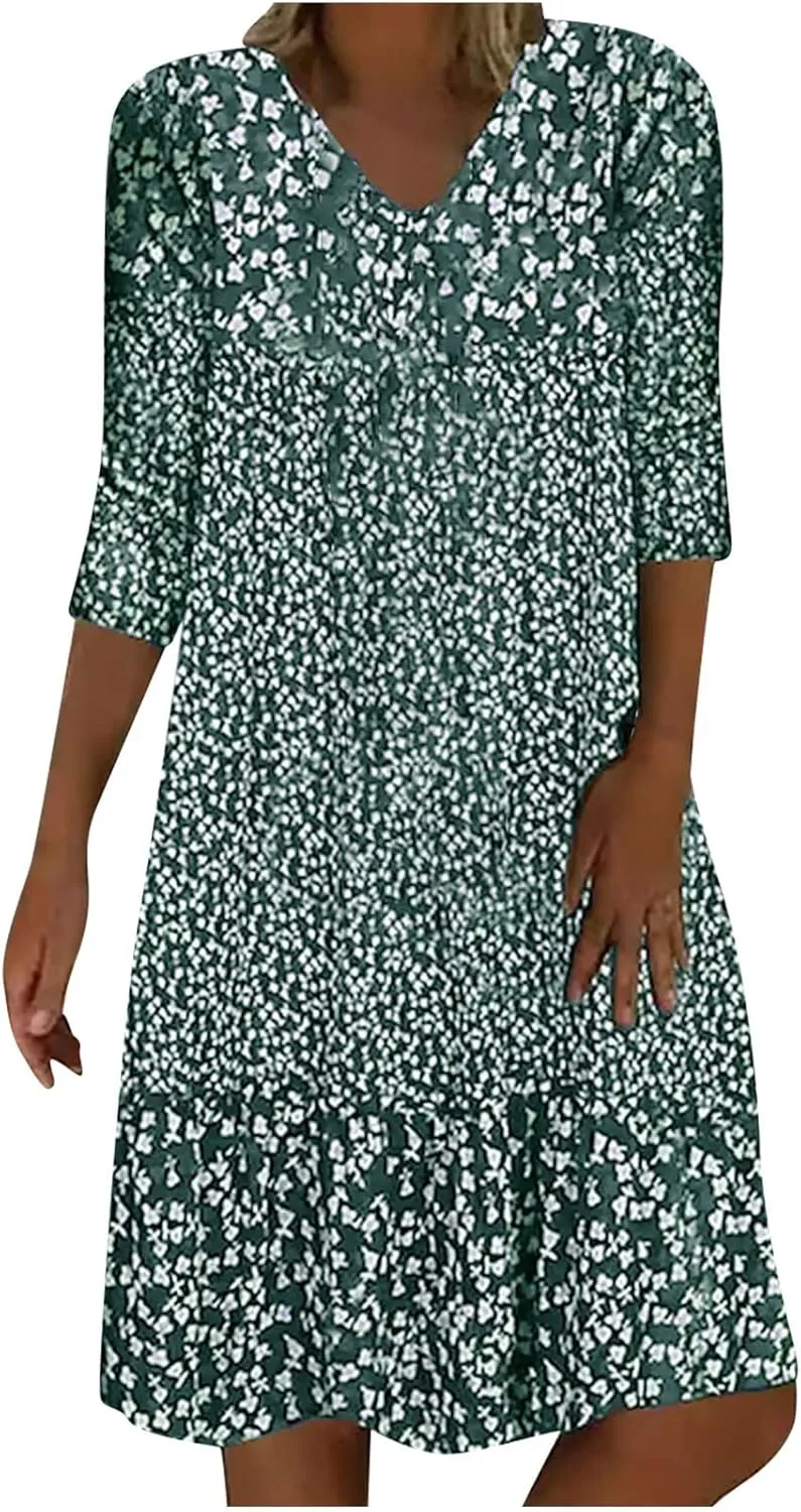 Womens Casual Dress Fashion Summer 3/4 Sleeve T-Shirt Dresses Plus Size V-Neck Loose Flowy Floral Beach Sundress