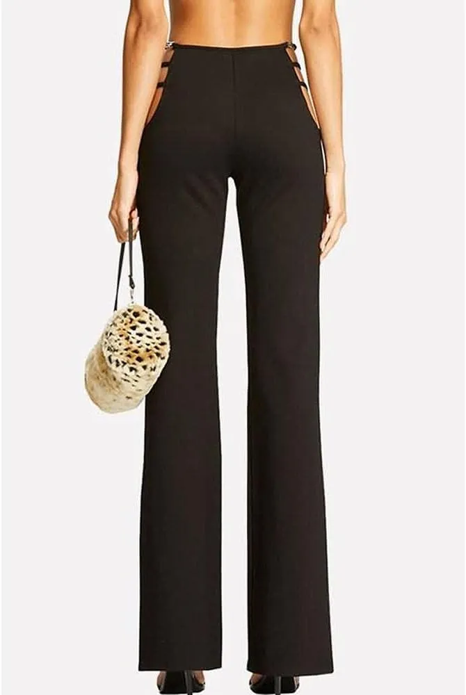 Women's Casual High Waist Cutout Bandage Pants Sexy Bell-Bottomed Elastic Trousers Solid Flare Streetwear