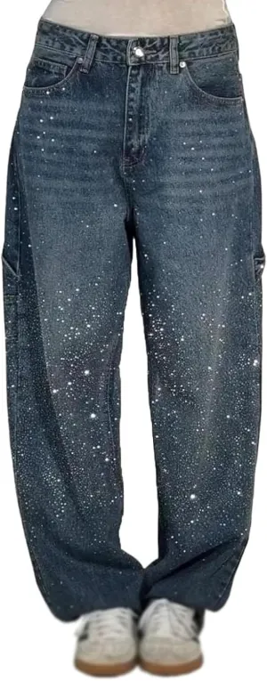 Women's Casual Rhinestone Loose Harem Jeans, Rhinestone Loose Harem for Women with Pockets