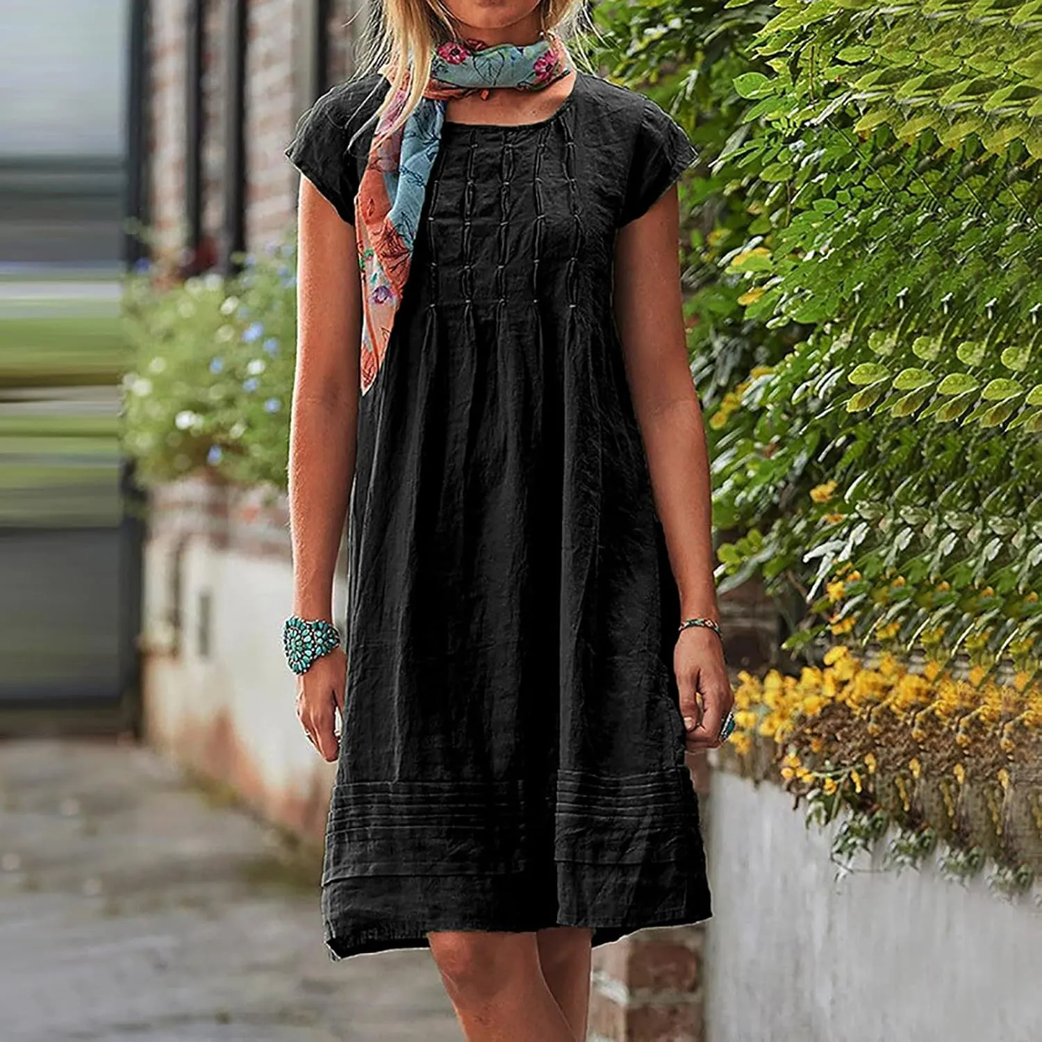 Women's Cotten Linen Summer Dresses Midi Casual Cap Sleeve Crewneck A Line Flowy Swing Beach Trendy Sundress