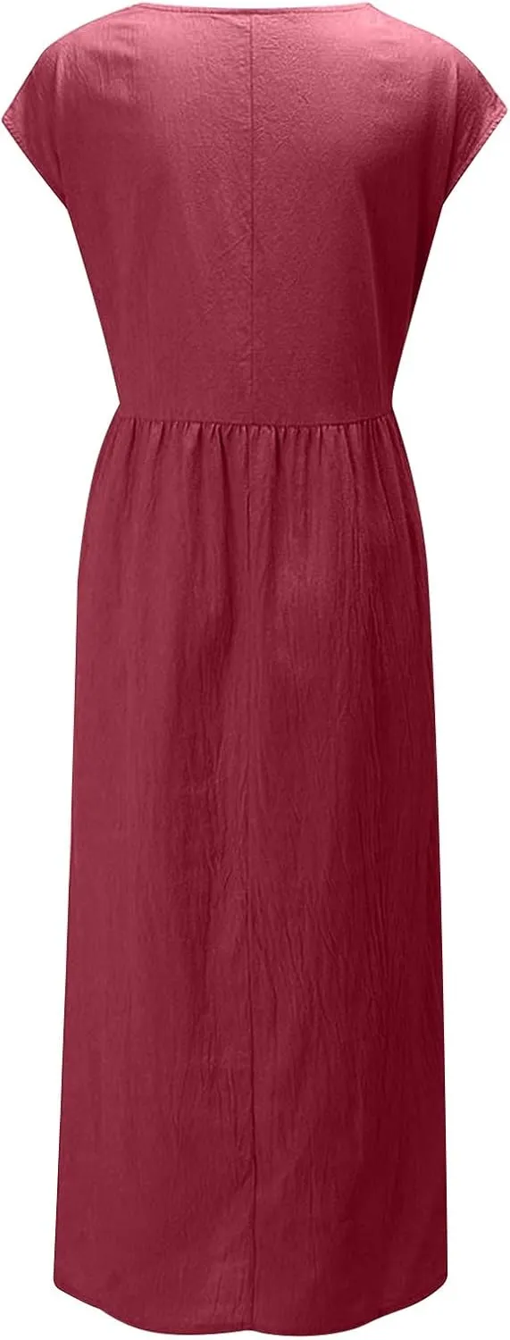 Women's Cotton Linen Dress with Pocket 2025 Plus Size Cap Sleeve Summer Dresses Vacation Crew Neck Casual Dress