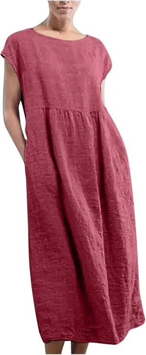 Women's Cotton Linen Dress with Pocket 2025 Plus Size Cap Sleeve Summer Dresses Vacation Crew Neck Casual Dress