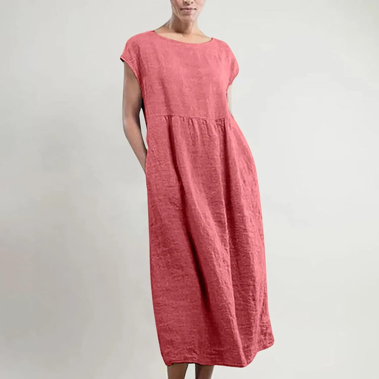 Women's Cotton Linen Dress with Pocket 2025 Plus Size Cap Sleeve Summer Dresses Vacation Crew Neck Casual Dress