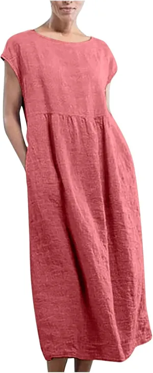 Women's Cotton Linen Dress with Pocket 2025 Plus Size Cap Sleeve Summer Dresses Vacation Crew Neck Casual Dress