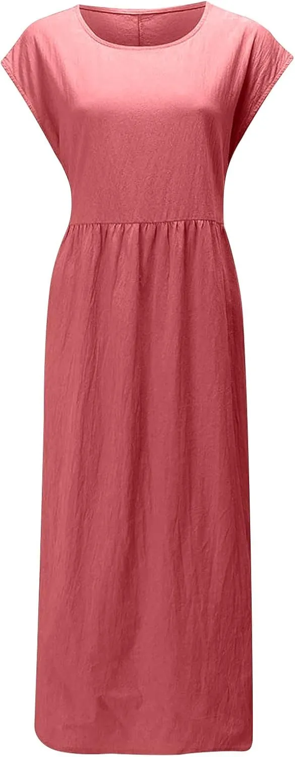 Women's Cotton Linen Dress with Pocket 2025 Plus Size Cap Sleeve Summer Dresses Vacation Crew Neck Casual Dress