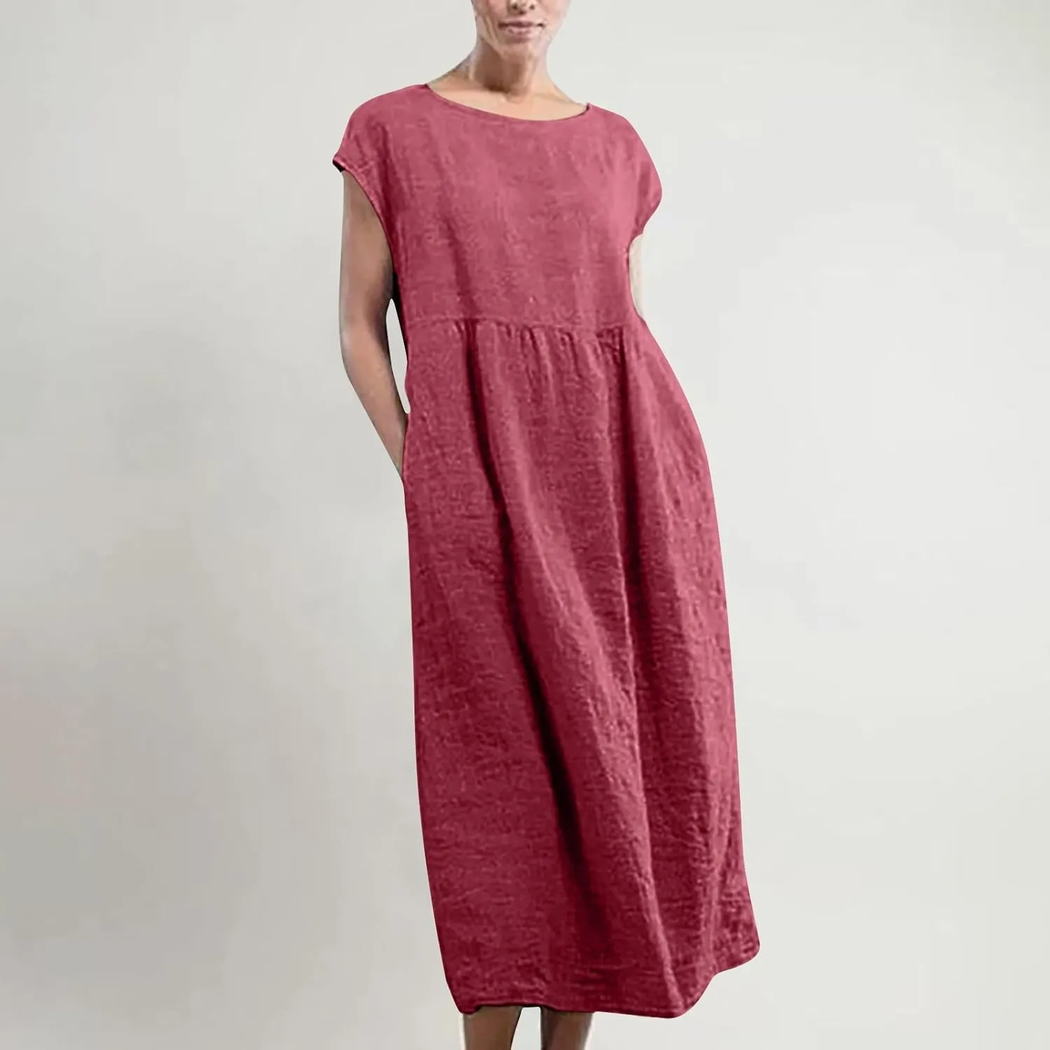 Women's Cotton Linen Dress with Pocket 2025 Plus Size Cap Sleeve Summer Dresses Vacation Crew Neck Casual Dress