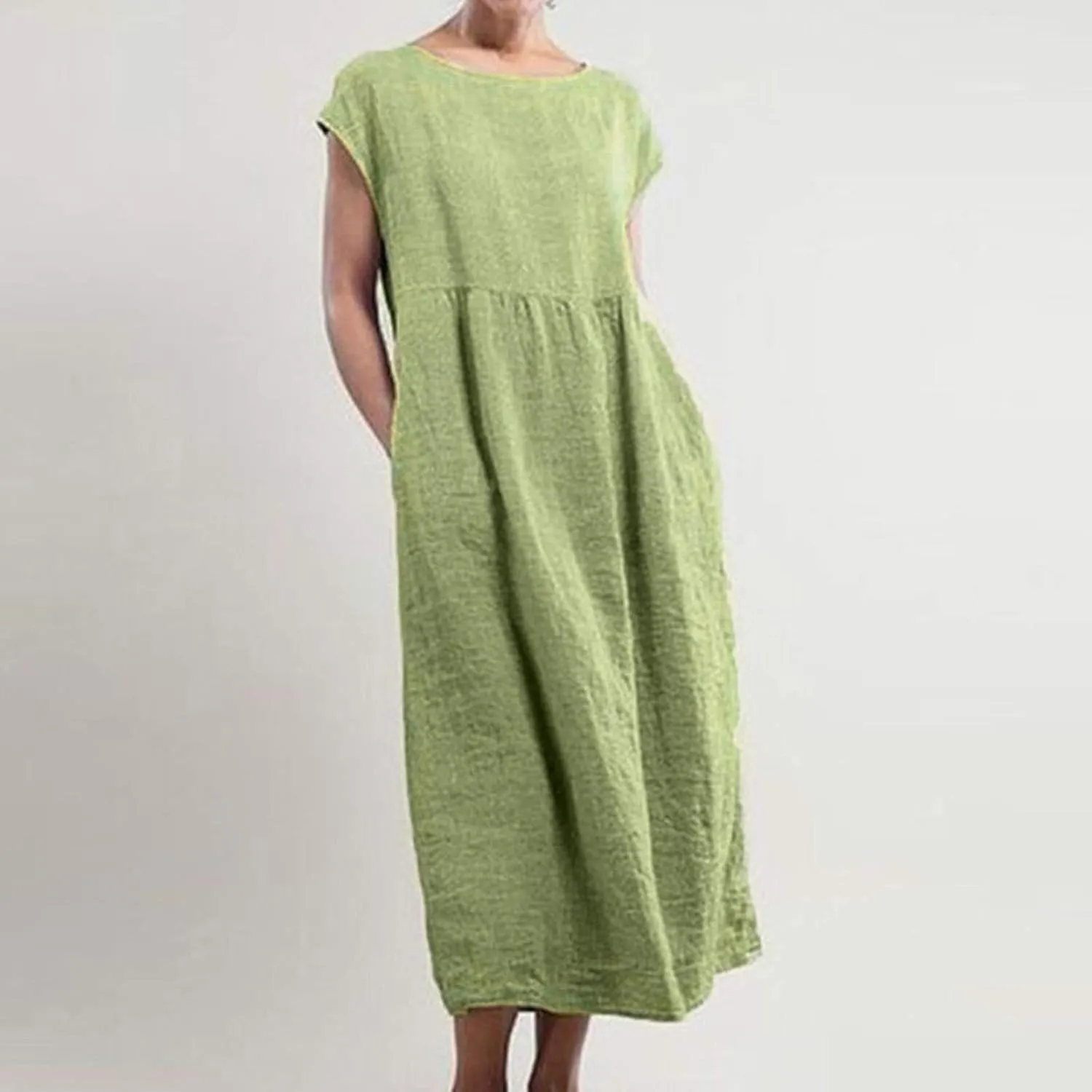 Women's Cotton Linen Dress with Pocket 2025 Plus Size Cap Sleeve Summer Dresses Vacation Crew Neck Casual Dress