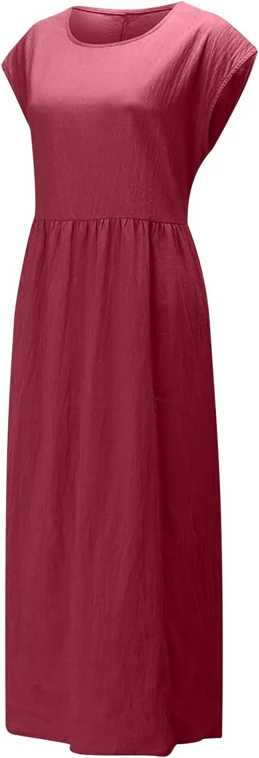 Women's Cotton Linen Dress with Pocket 2025 Plus Size Cap Sleeve Summer Dresses Vacation Crew Neck Casual Dress