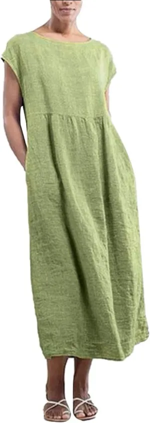 Women's Cotton Linen Dress with Pocket 2025 Plus Size Cap Sleeve Summer Dresses Vacation Crew Neck Casual Dress