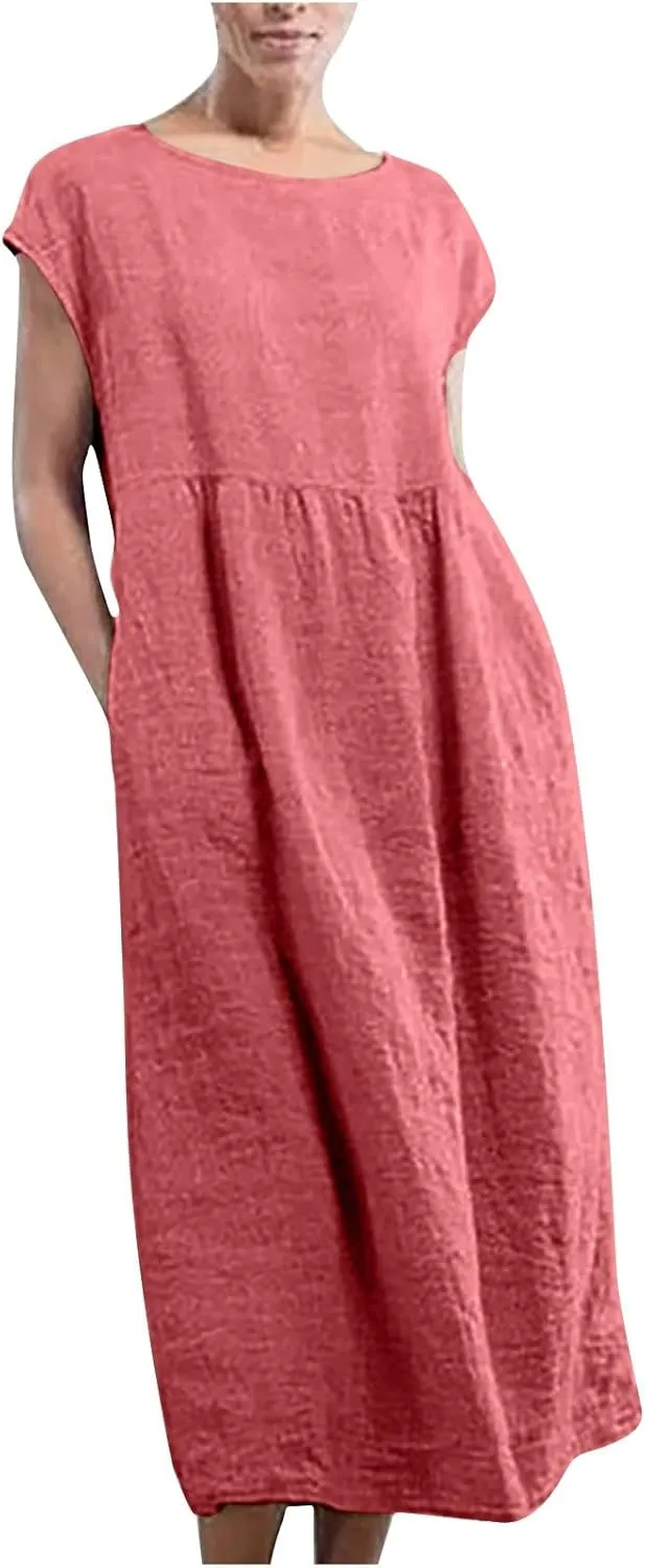 Women's Cotton Linen Dress with Pocket 2025 Plus Size Cap Sleeve Summer Dresses Vacation Crew Neck Casual Dress