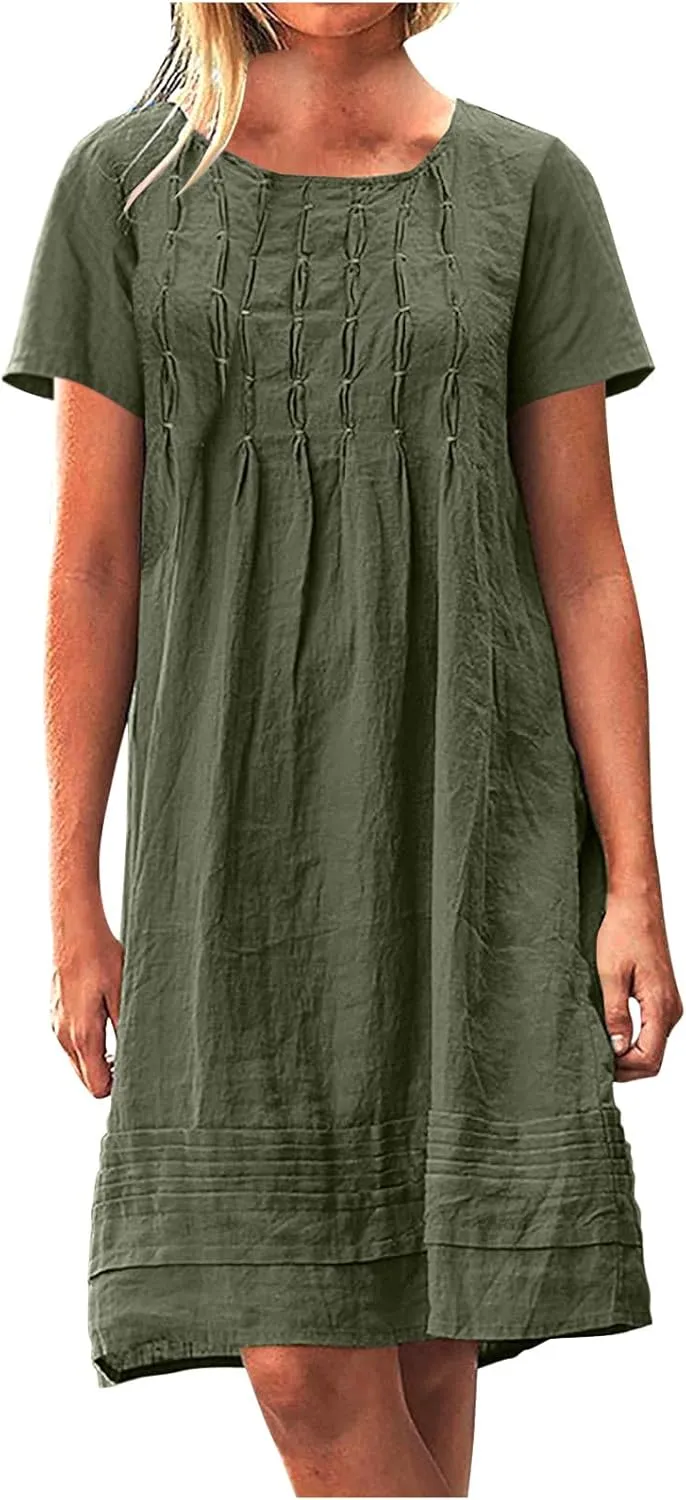 Women's Cotton Linen Midi Dress Plus Size Cap Sleeve Pleated Summer Dresses Vacation 2025 Crew Neck Casual Sundress Fashion
