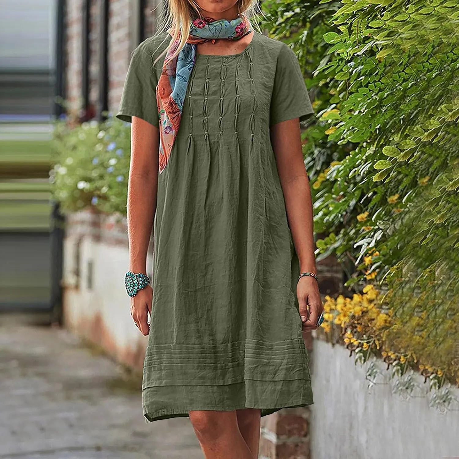 Women's Cotton Linen Midi Dress Plus Size Cap Sleeve Pleated Summer Dresses Vacation 2025 Crew Neck Casual Sundress Fashion