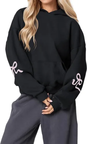 Womens Cute Bow Graphic Hoodies Oversized Bow Sweatshirt Preppy Fleece Hoodies Pullover With Kangaroo Pocket