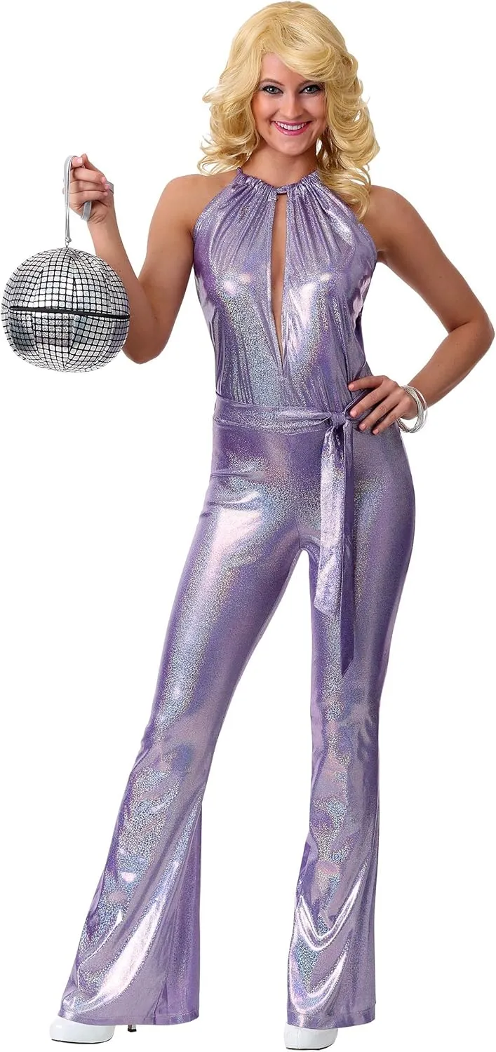 Women's Dazzling Diva Disco Costume - Disco Metallic Jumpsuit & Flared Pants - Groovy 70's 80's Bodysuit