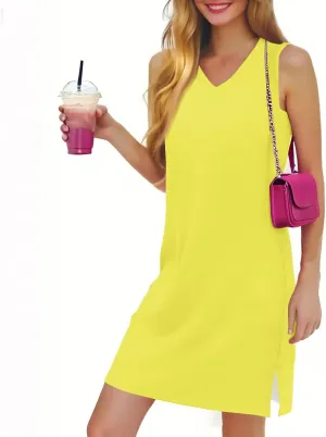 Womens Dresses Summer V Neck Sleeveless Sundresses Tank Dress 2025 Vacation Casual Beach Dress with Hem Split