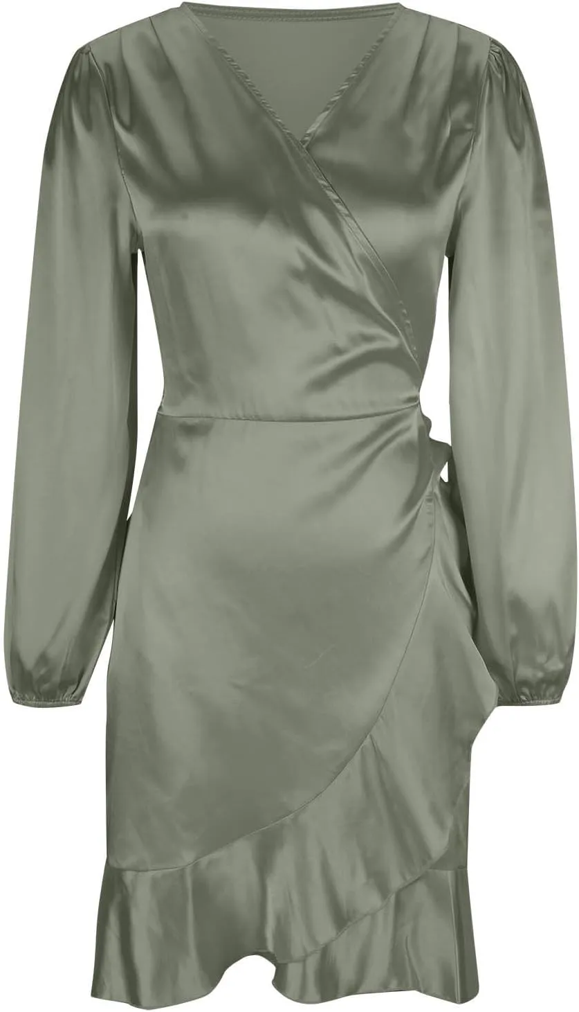 Women's Dressy Satin A-Line Dress Wrap V Neck Ruffle Mini Dresses Lantern Long Sleeves Belted Elegant Flared Dress