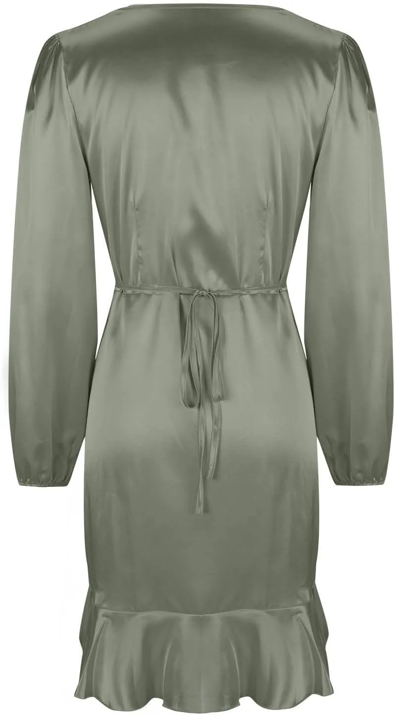 Women's Dressy Satin A-Line Dress Wrap V Neck Ruffle Mini Dresses Lantern Long Sleeves Belted Elegant Flared Dress