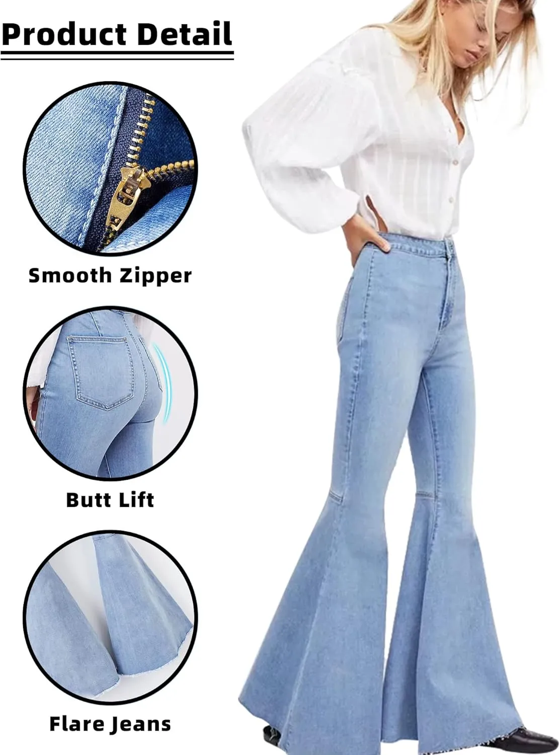 Women's Fashion Bell Bottom Pants High Waist Tassel Stretch Curvy Fit Jeans Blue
